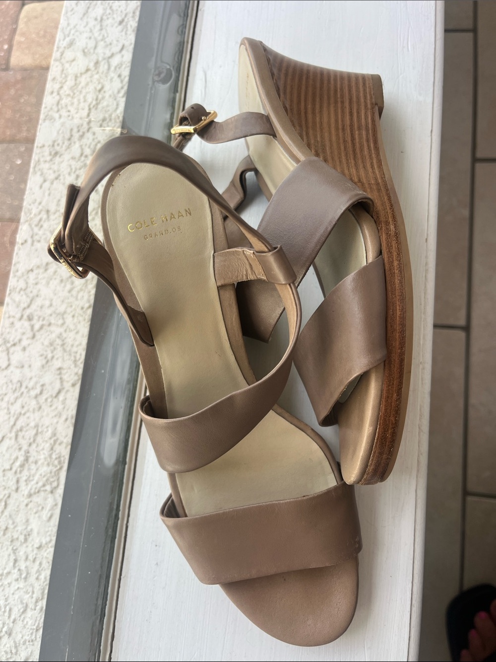 Cole Haan taupe strap, leather wedge sandals, size 7